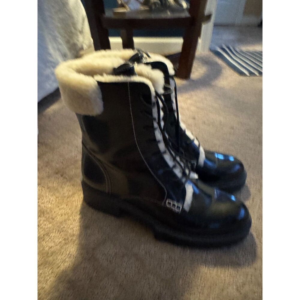 Coach Leighton Shearling Booties in black patent leather
